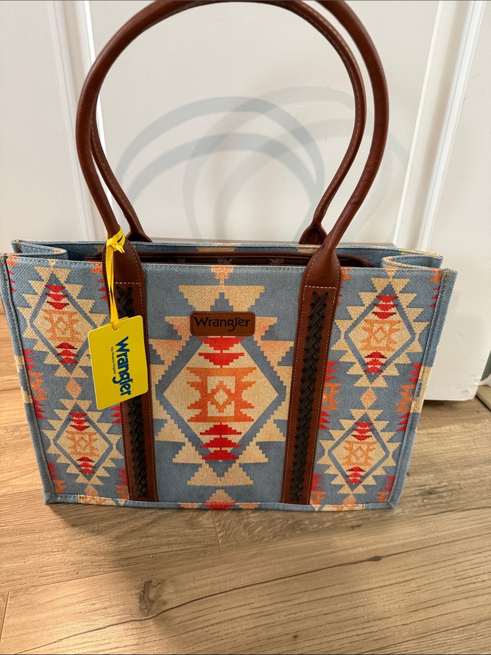 Wrangler Geometric Canvas Tote in Blue, Tan and Red